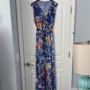 NWT Elegant Blue Multi-Color Lined Maxi Dress